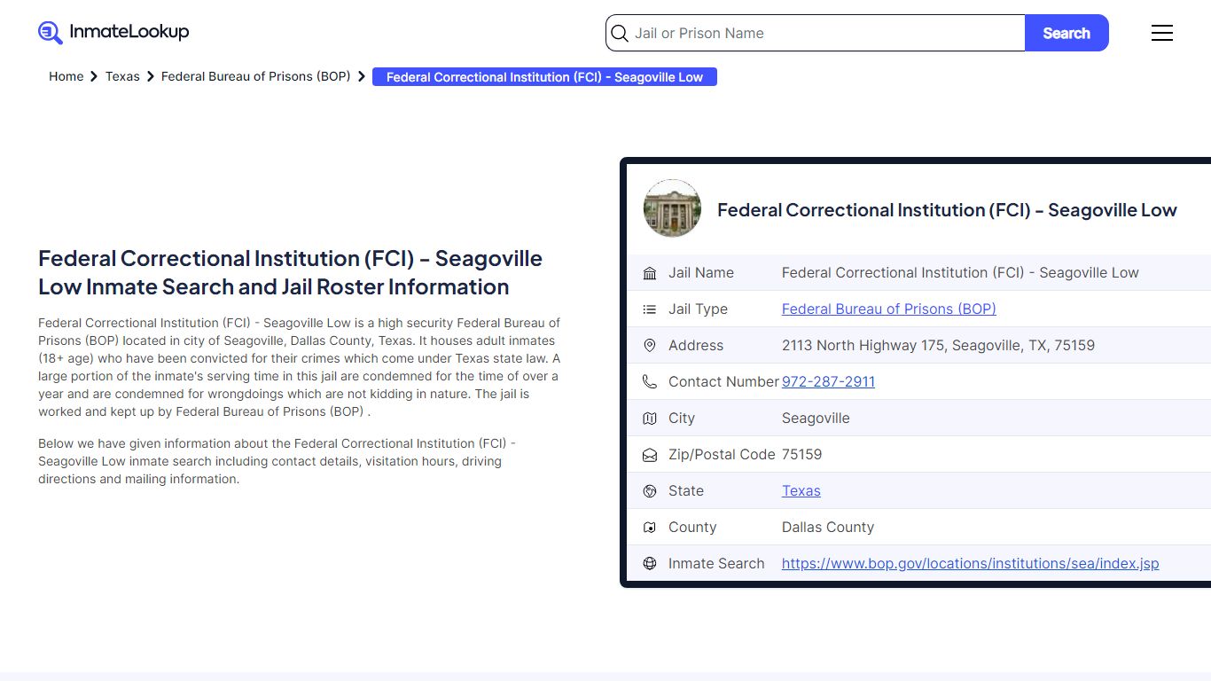 Federal Correctional Institution (FCI) - Seagoville Low Inmate Search ...